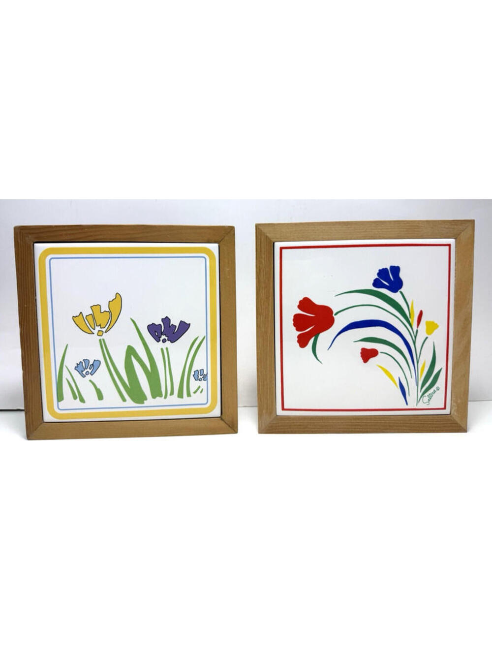 2 Vtg Floral Tiles Saltera Wall Hanging Trivet 80s 90s Art Wood Framed Flowers